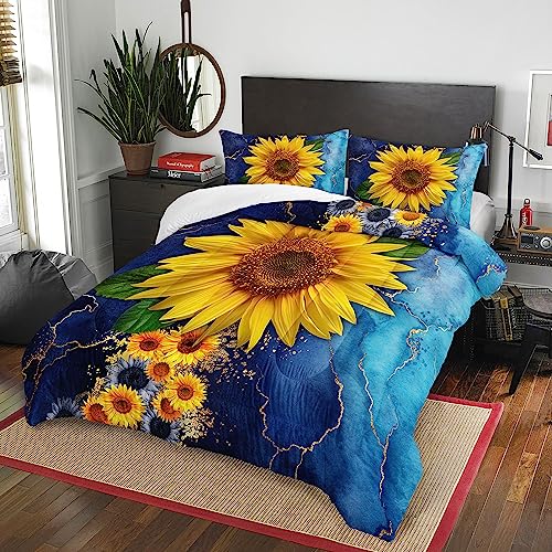 Image of AILONEN Sunflower Comforter Set Queen Size, Blue Watercolor Gold Print Yellow Sunflower Bedding Set for Boys Girls,Botanical Floral Duvet Set Soft Breathable 3 Pieces, 1 Quilt and 2 Pillowcases
