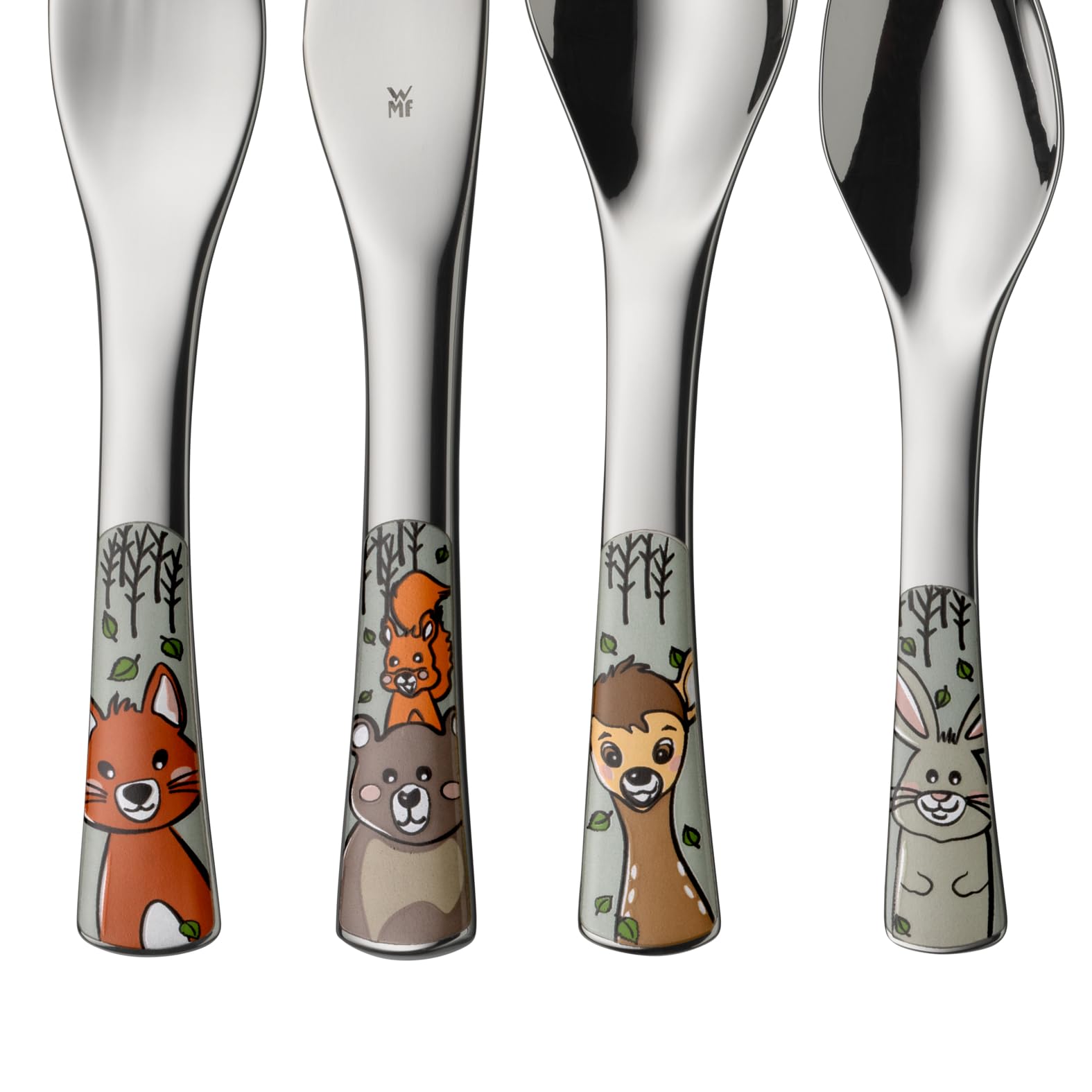 WMF Animales del Bosque - Cubertería para Niños 4 Piezas, Tenedor, Cuchillo de Mesa, Cuchara y Cuchara Pequeña, Acero Inoxidable Cromargan WMF Kids Infantil