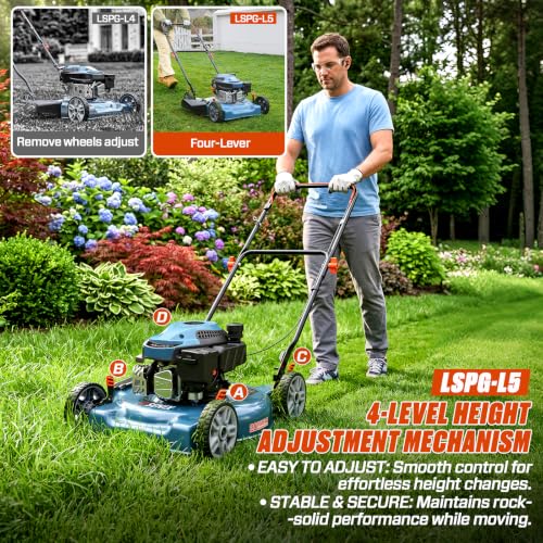 Image of SENIX 144 cc Gas Lawn Mower, 20 inch 4-Cycle Push Mower, Side Discharge, 5 Position Cutting Height Adjustment, Low Noise & Fuel-Efficient for Lawn, Yard and Garden (LSPG-L5)