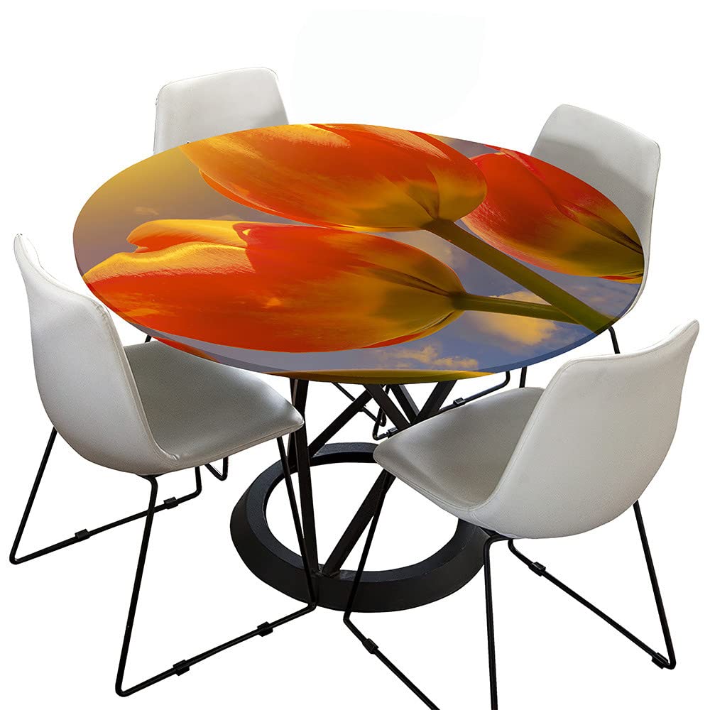 Lukery Rondes Nappe Avec Bord Élastique, Anti-Taches Lavable Nappes Avec Tulipe Impression, Entretien Facile Polyester Nappe De Table Pour Cuisine