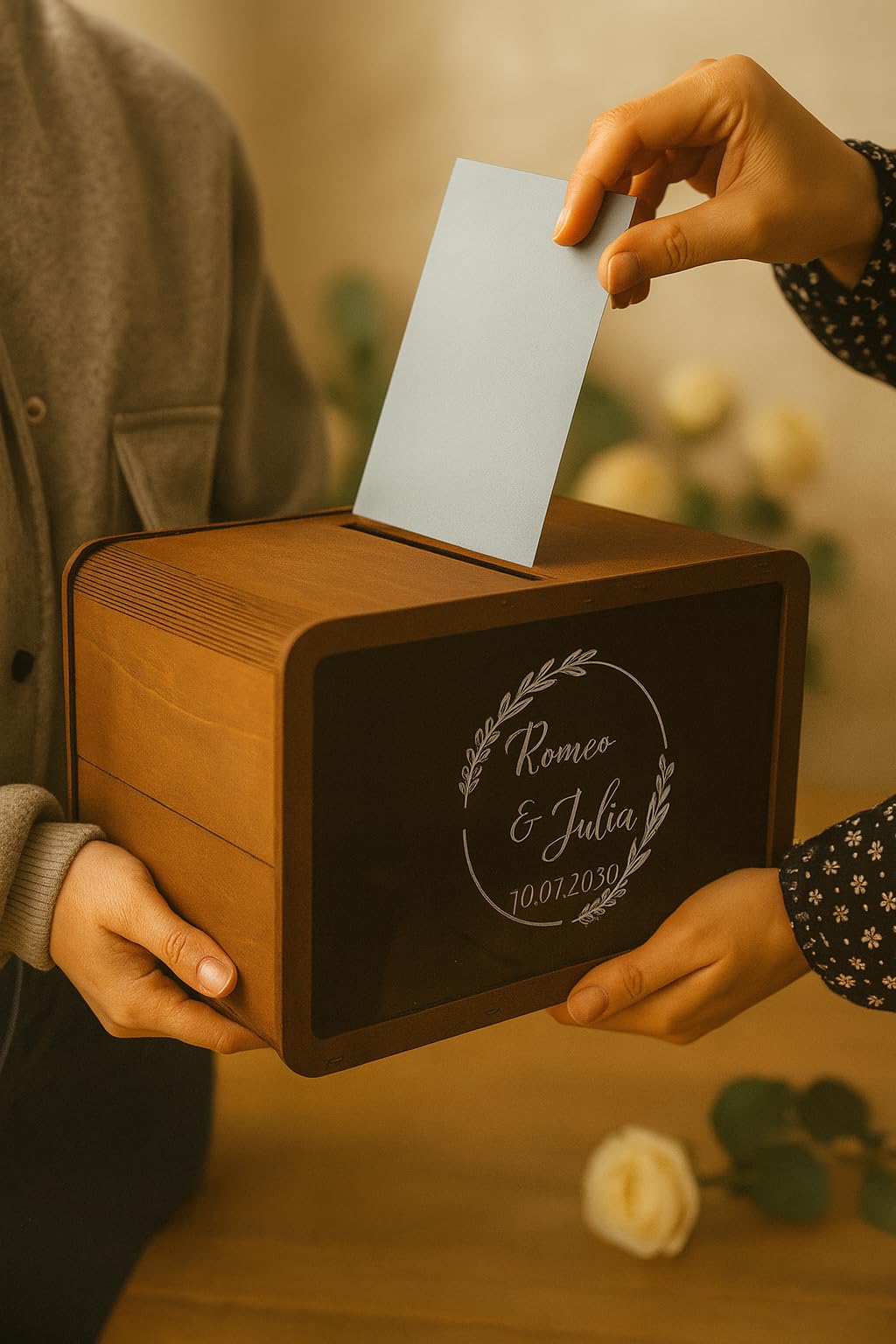Happenings Hochzeitsbox, Geschenkbox, Gastgeschenk,Geldbox - Holz Personalisierte Geldumschlagbox - Acrylscheibe Gravur Namen & Datum - Boho, Vintage, Rustikal Stil