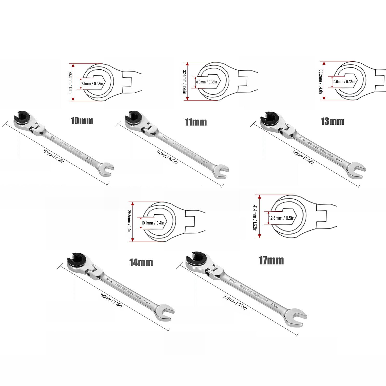 Sxhlseller Juego de Llaves de Trinquete Abiertas de Doble Extremo de 5 Piezas, Herramientas de Cabeza Flexible para Reparación de Líneas de Freno de Aire Acondicionado, Tamaños 10 Mm, 11 Mm, 13, 14