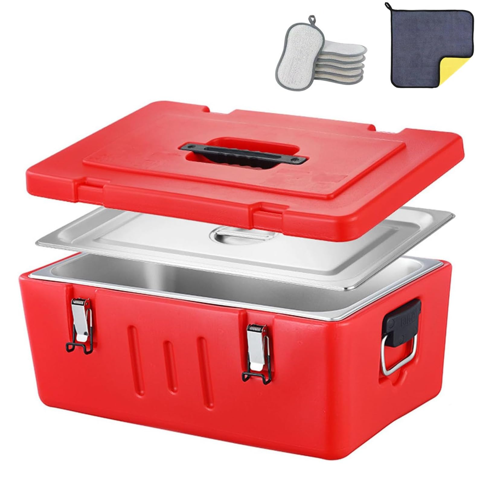 Transportador de alimentos aislado de acero inoxidable, caja de alimentos comercial con hebillas y asas para catering, solución de almacenamiento de alimentos fríos y calientes