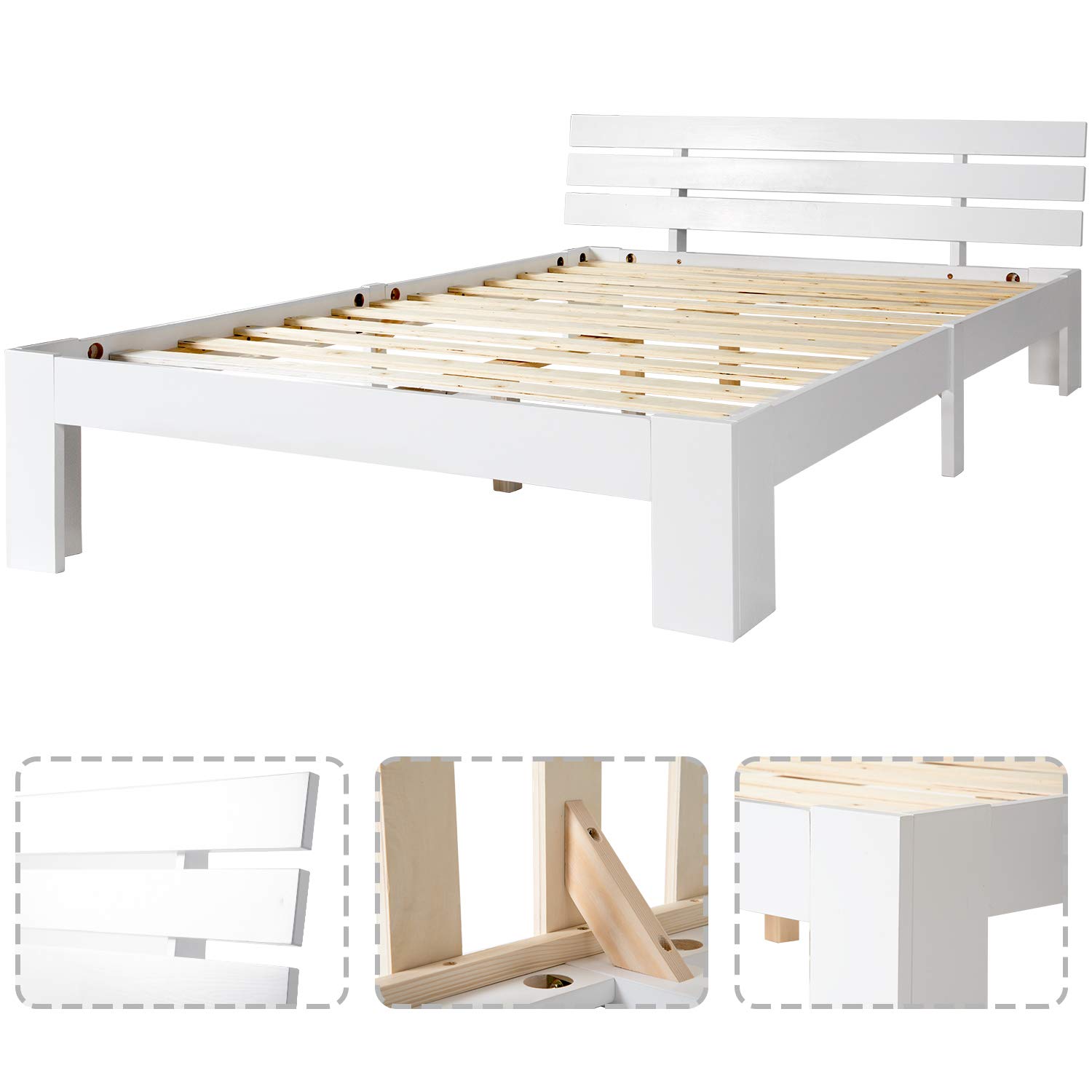 Merax Letto in legno massiccio, letto matrimoniale, telaio in legno con testiera e rete a doghe, 140 x 200 cm, supporto per doghe in legno, spazio sotto il letto, mobili per camera da letto, bianco