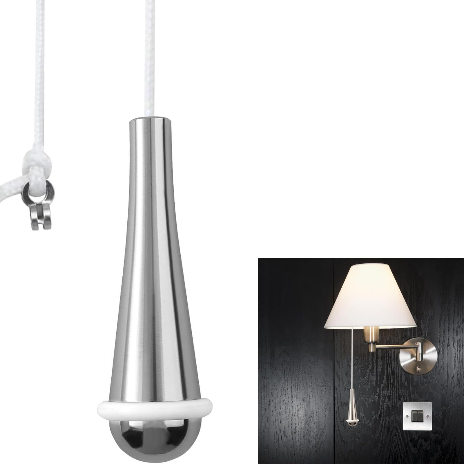Mzoyouro Silver 1 Pcs Bathroom Light Pull Cord Handle Chrome Teardrop Pendant Weight Connector With 150Cm Long Nylon White String Extension Replacement For Bathroom Toilet Light Ceiling Lights Fan Switch