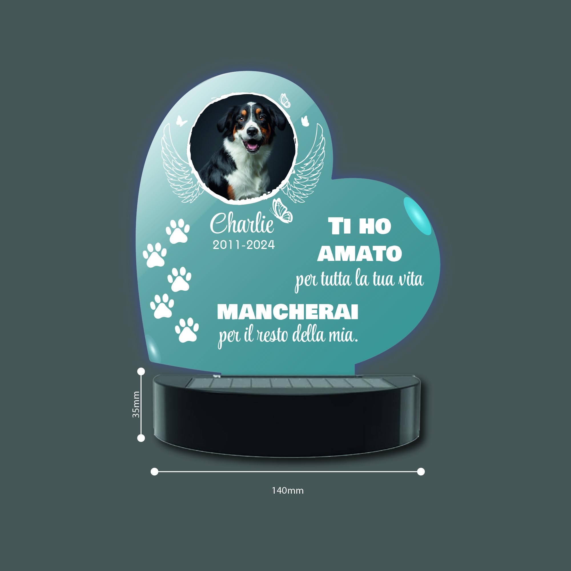 La Farfalla di Legno Lampada Commemorativa LED Solare per Cane e Gatto - Memoriale LED da Giardino Personalizzabile (Cuore)
