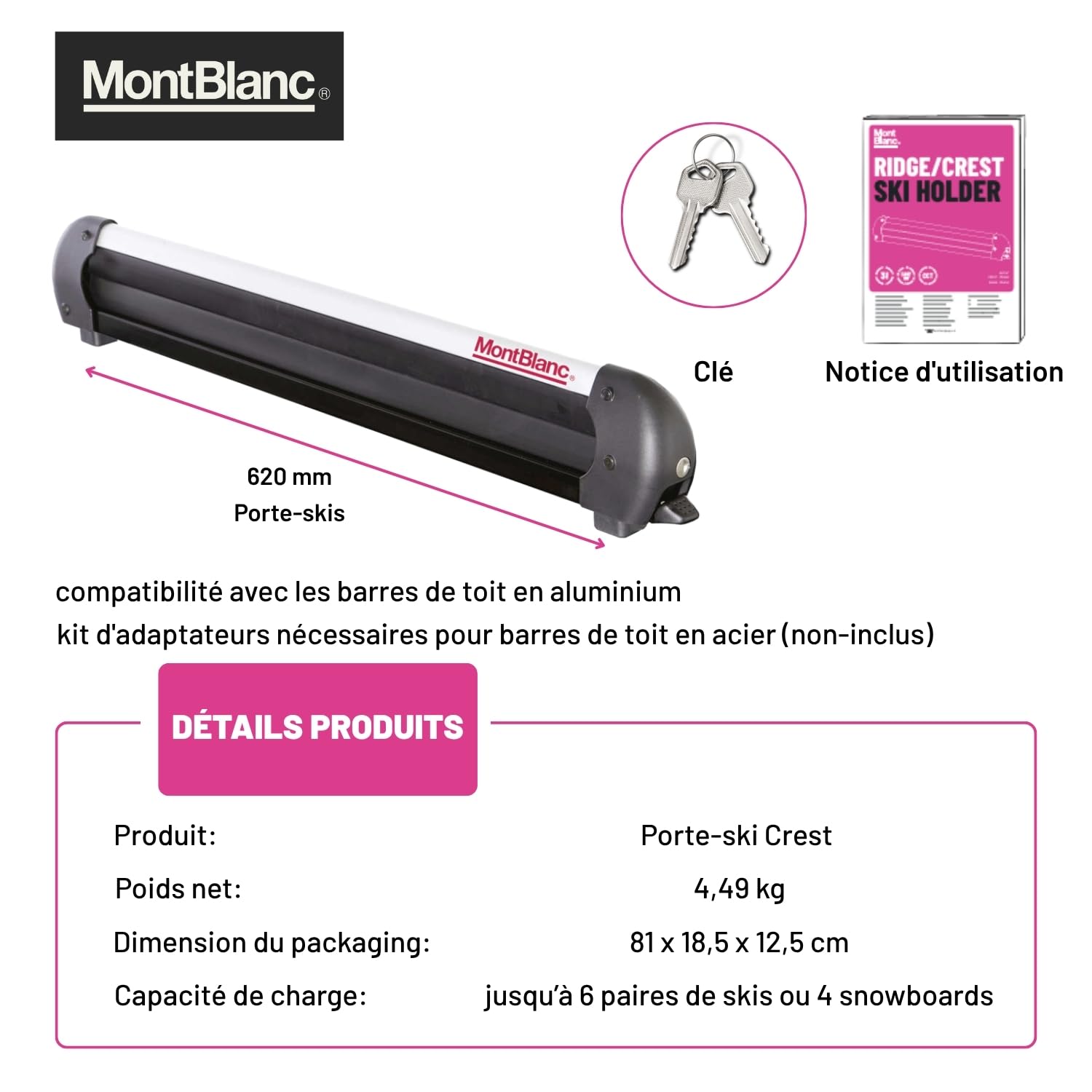 Mont Blanc Porte-Skis Crest sur Barres de Toit - 6 Paires de Skis | Porte-skis sur barres de toit : jusqu'à 6 paires de skis ou 4 snowboards. Verrouillage intégré, norme ISO 11154.
