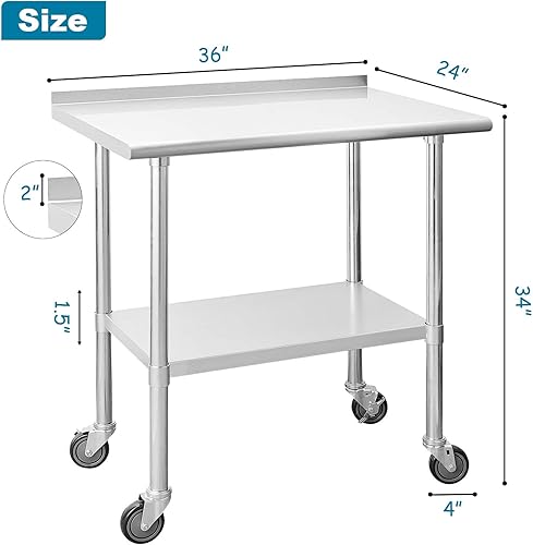 Miniatura 3 de Mesa de acero inoxidable para mesa de preparación, mesa de lavandería de 24 x 36 pulgadas con protector contra salpicaduras y mesas de trabajo