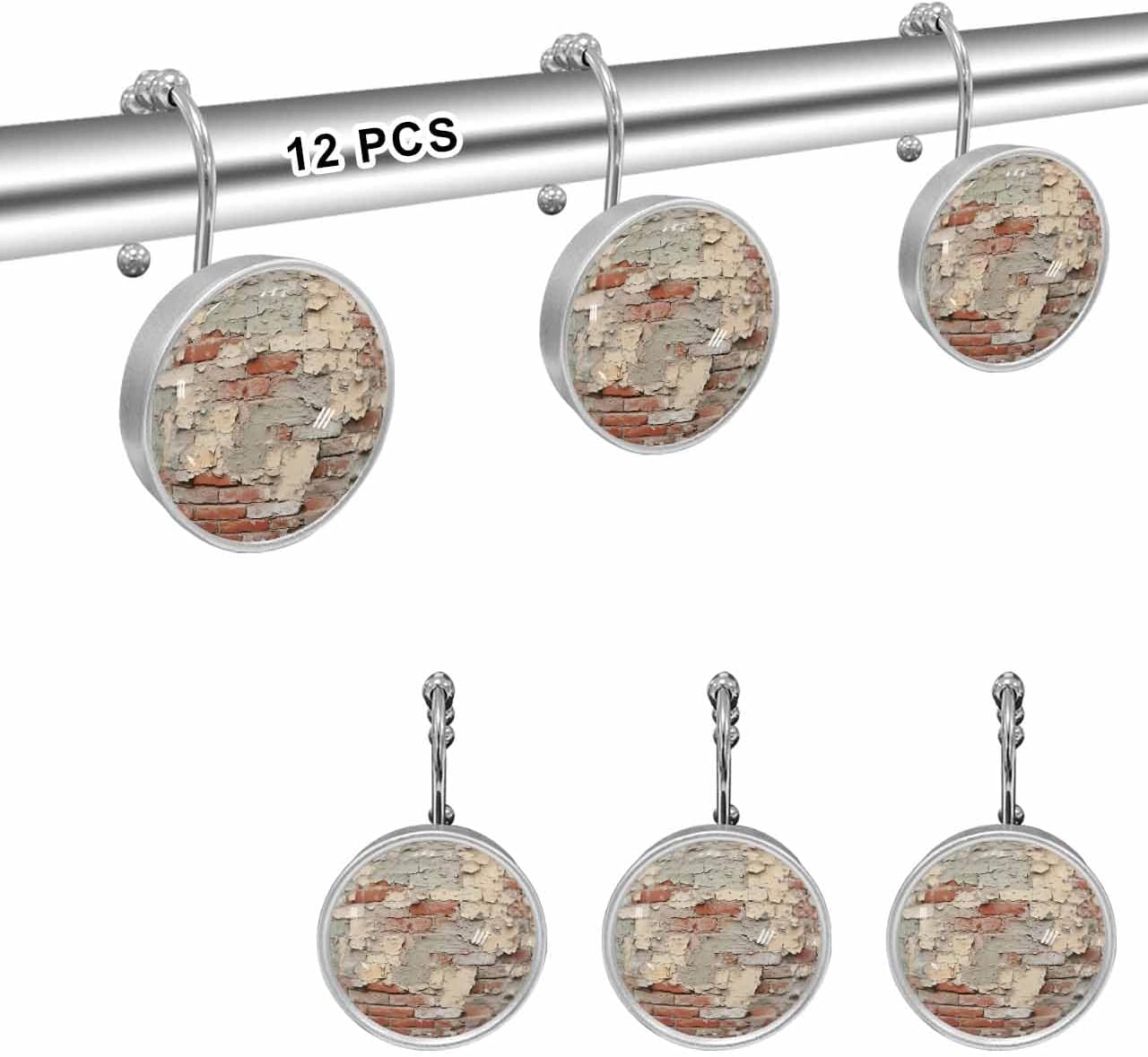 Shower Curtain Hooks Set of 12 Rustic Mottled Brick Wall Retro Crystal Glass Shower Curtain Rings for Bathroom Decorative Stainless Steel Rust Proof Roller Shower Curtain Hangers