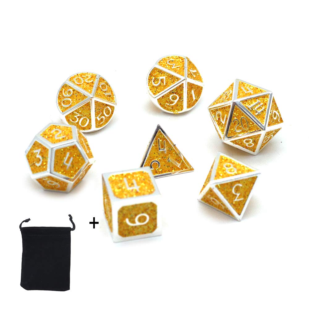 DollaTek 7PCS Metal Polyhedral Dice Set with Black Storage Bag for Role Playing Game Dungeons and Dragons D&D Math Teaching(Shiny Yellow)