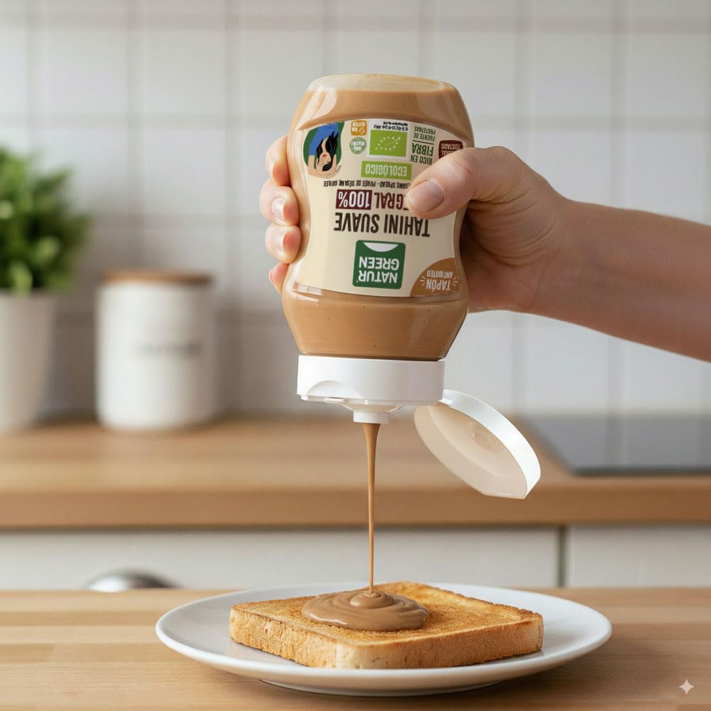 NaturGreen - Tahini Suave Integral Bio, 270 g, Tapón Antigoteo, Puré de Sésamo 100% Ecológico, Textura Cremosa, Rico en Fibra, Sin Gluten ni Azúcares, Fuente de Proteínas, Recetas Saludables