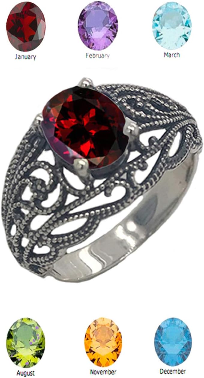 Elegant Oxidized Sterling Silver Personalized Genuine Birthstone Filigree Ring