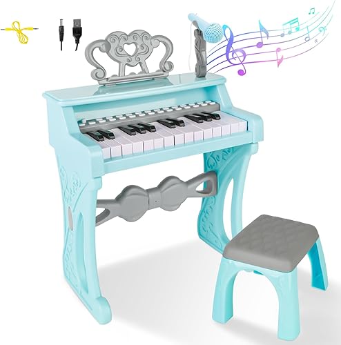 deAO Piano infantil para niñas de 3 a 6 años Teclado de piano de bebé de 25 teclas con taburete y micrófono, 22 canciones, juguete musical
