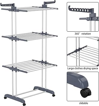 Laundry Room Dryer Rack, Clothes Drying Rack,Wall Mounted Clothes Hanger with Swing Arm, Foldable Floor Hanger Rack, Sturdy and Easy Assembly (B)