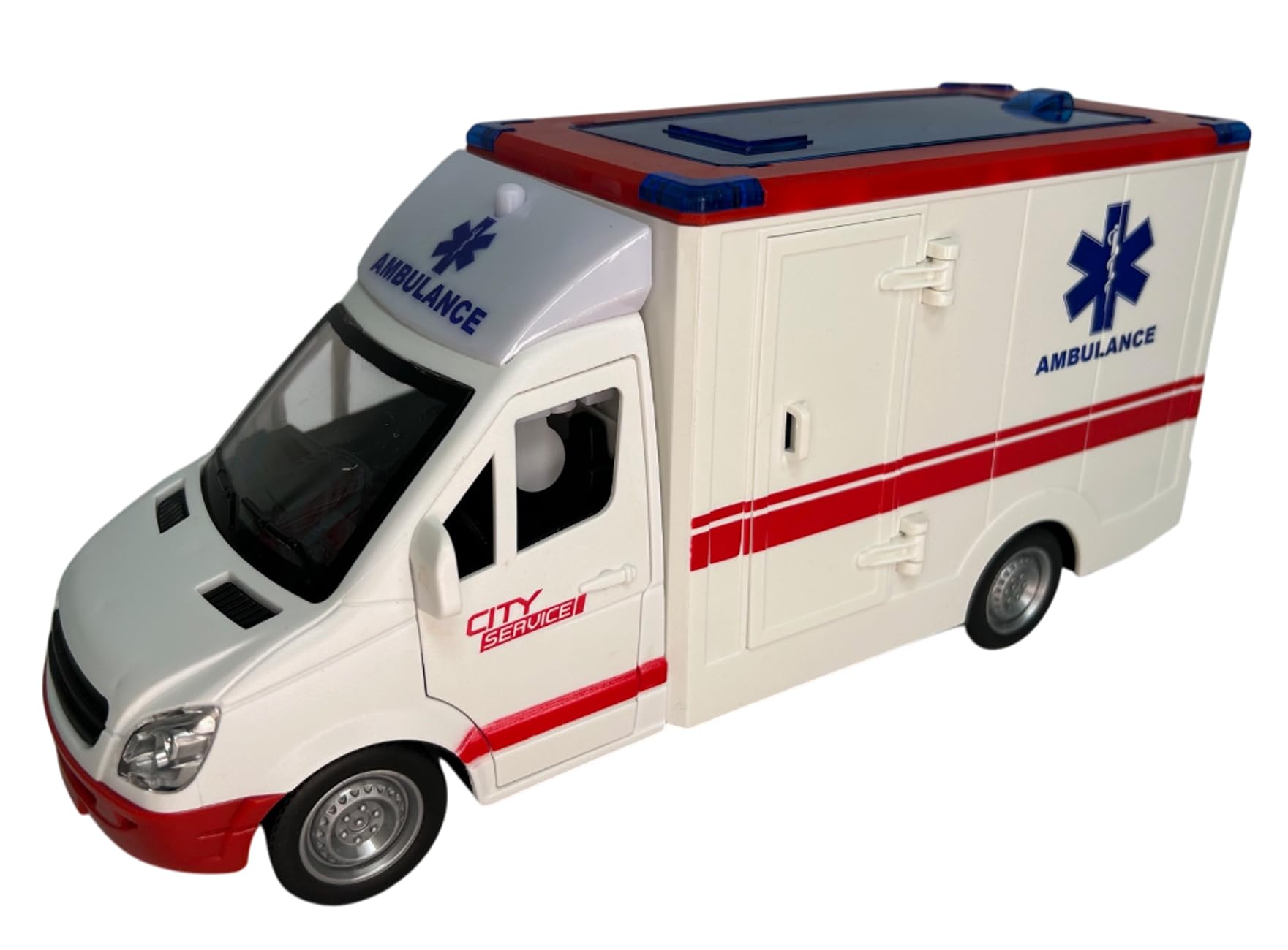 Ambulance Jouet avec Lumières Sons Sirènes Portes et Toit Ouvrables Mouvement Embrayage Grande Échelle 1:16 cm 26 Premiers Soins avec Lumière Sons Civière Amovible Enfants