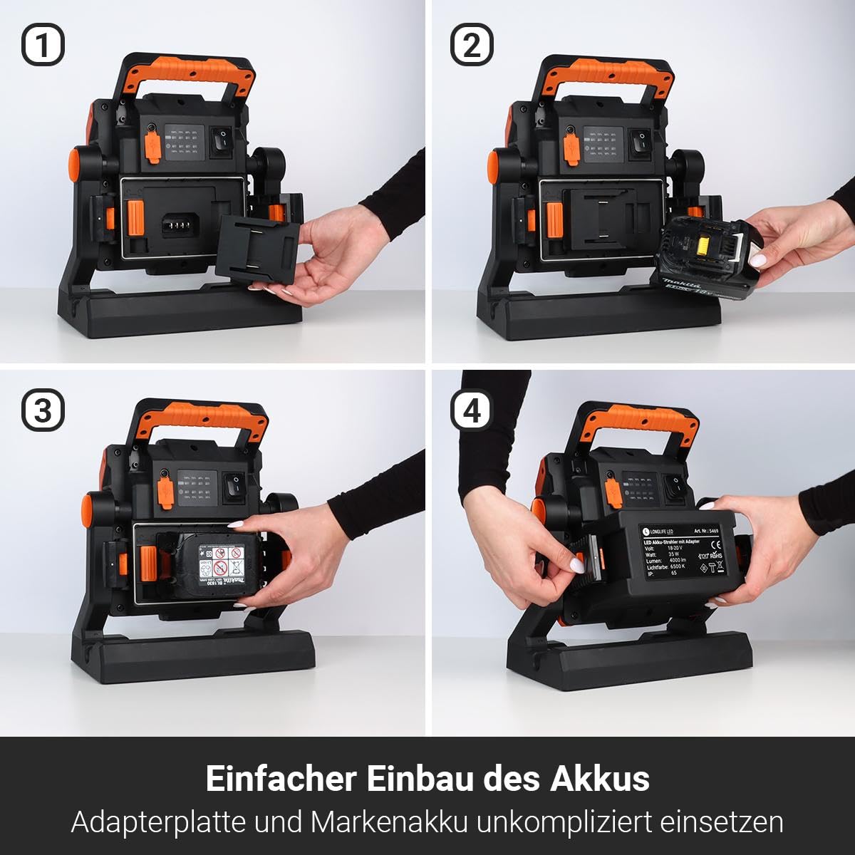 LongLife LED Akku-Strahler ohne Akku mit Adapter - Baustrahler, Multi Akku Arbeitsleuchte, 35W, 4000lm IP65 Lichtstufeneinstellung USB-Port Akkustandsanzeige robust und praktisch