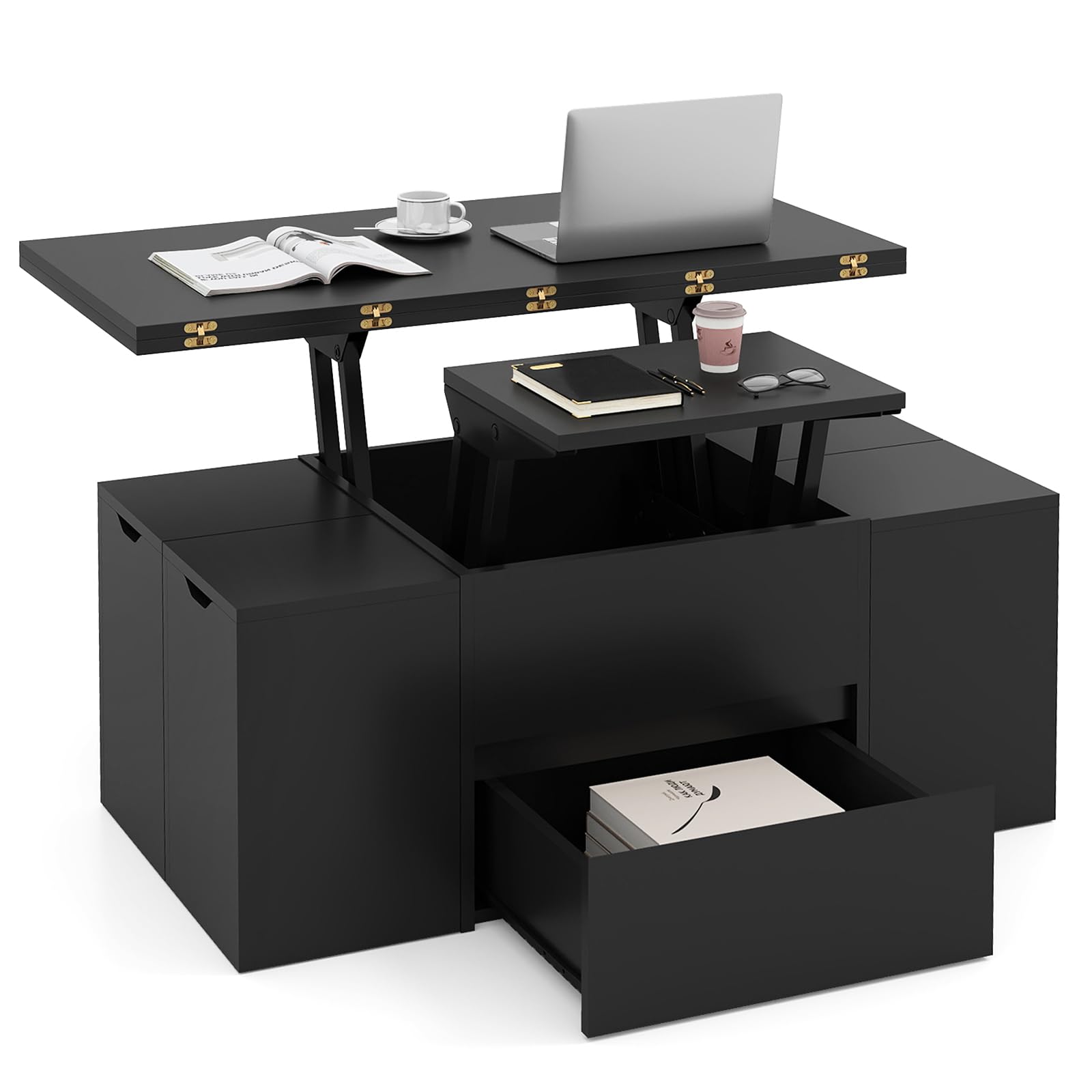 COSTWAY Lift Up Top Coffee Table, 3-in-1 Expandable Wooden Cocktail Center Table with 4 Storage Stools, Hidden Compartment & Drawer, Rectangle Accent Sofa Side Dining Table for 4-8 People (Black)