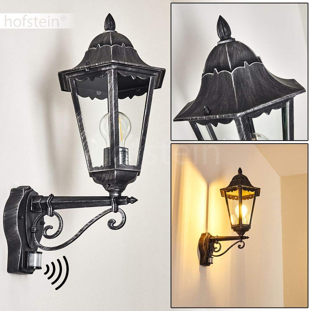 Zewnętrzna lampa ścienna Lignac w. czujnik ruchu, lampa ścienna do góry, odlew aluminiowy w kolorze czarnym/srebrnym z przezroczystymi szybami, lampa ścienna/podwórko z gniazdem E27, bez żarówki
