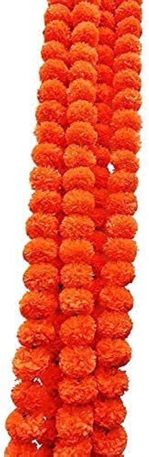 5 pack Artificial Dark Orange Marigold flower garlands/strings 5 ft long- for use in parties, celebrations, Indian weddings, Indian themed event, decorations, house warming, photo prop, Diwali,