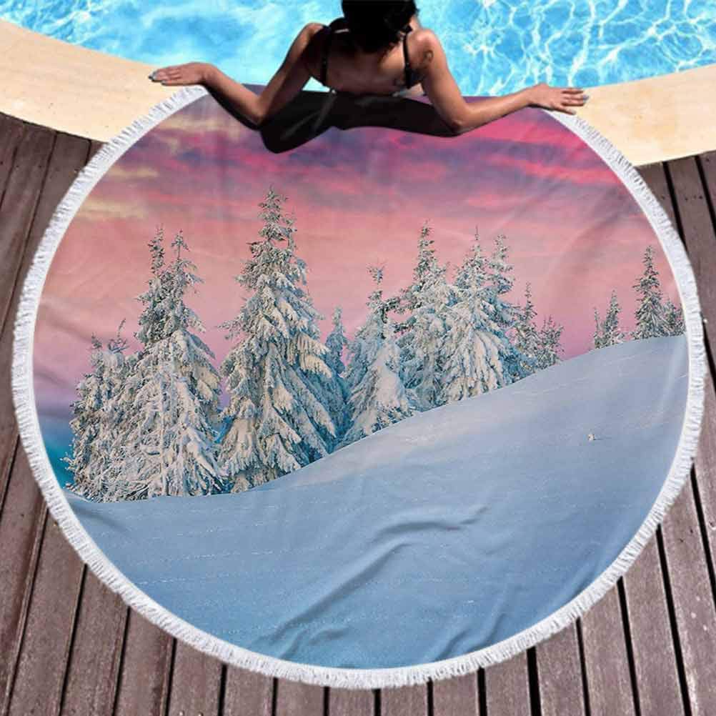 Round Beach Towel Winter Popular Handicrafts Beach Towel Idyllic Scenery in Snow Covered Serene Mountains Pine Tree Forest Majestic Sky with Tassel ,High Color fastness Pink Blue Cream (Diameter 59")