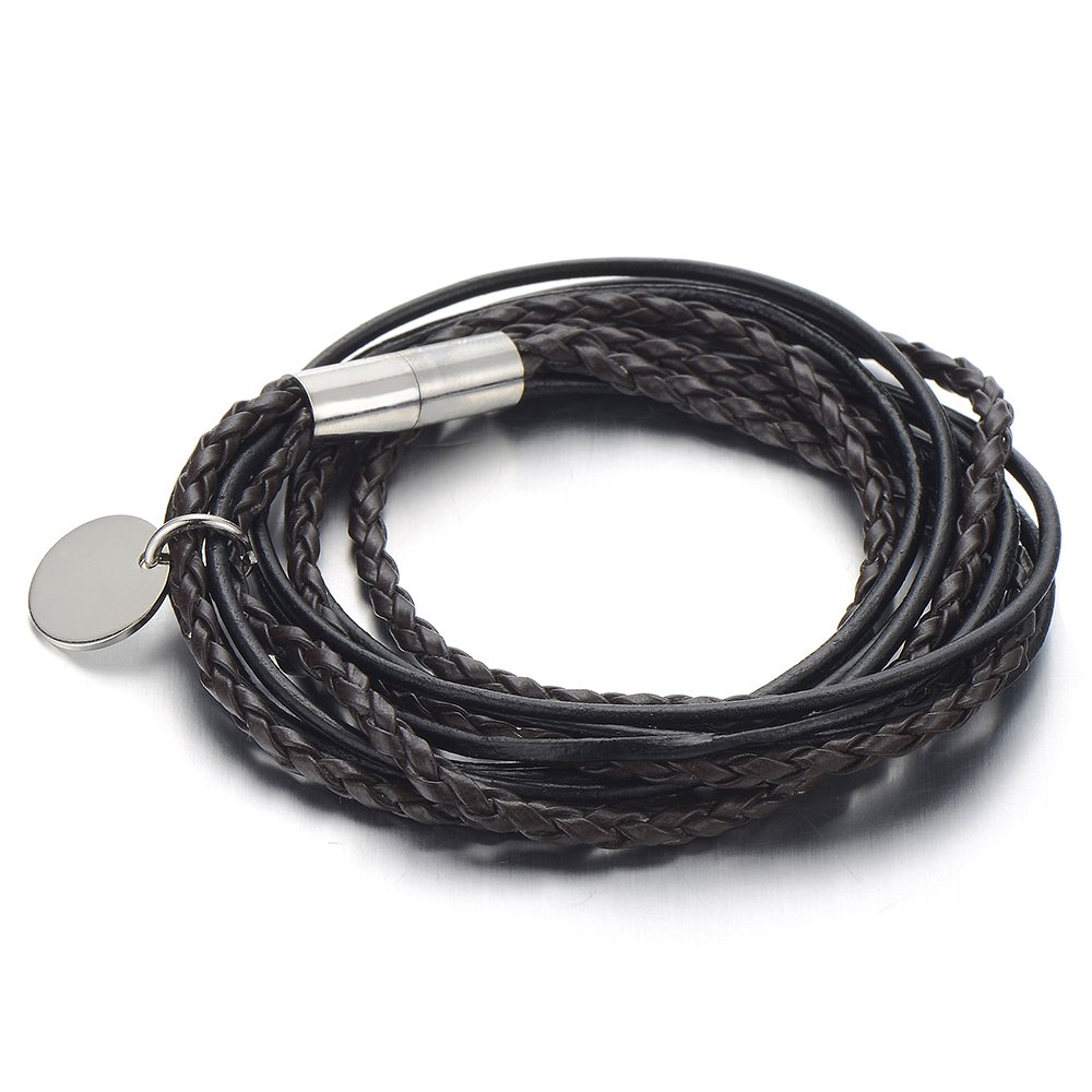 COOLSTEELANDBEYOND Lato Orizzontale Laterale Croce Tre File Braccialetto, Uomo Donna Bracciali Nero Intrecciato Cuoio, Fascia di Polso