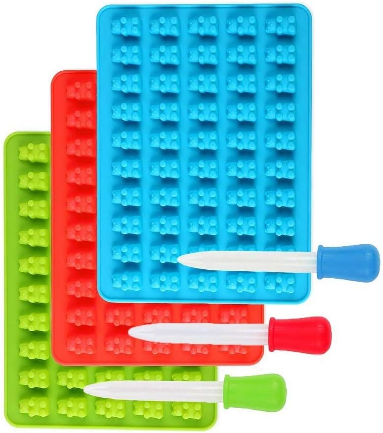 Candy Silicone Molds,Chocolate Molds,Gelatin Molds, Ice Cube,Gummy Bear Molds with 3 Bonus Dropper (Red, Green, Blue)