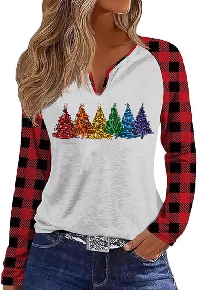 Christmas Snowflake V Neck Shirt for Women Funny Xmas Buffalo Plaid Long Sleeve Graphic Tee Holiday Family Party Winter Tops…