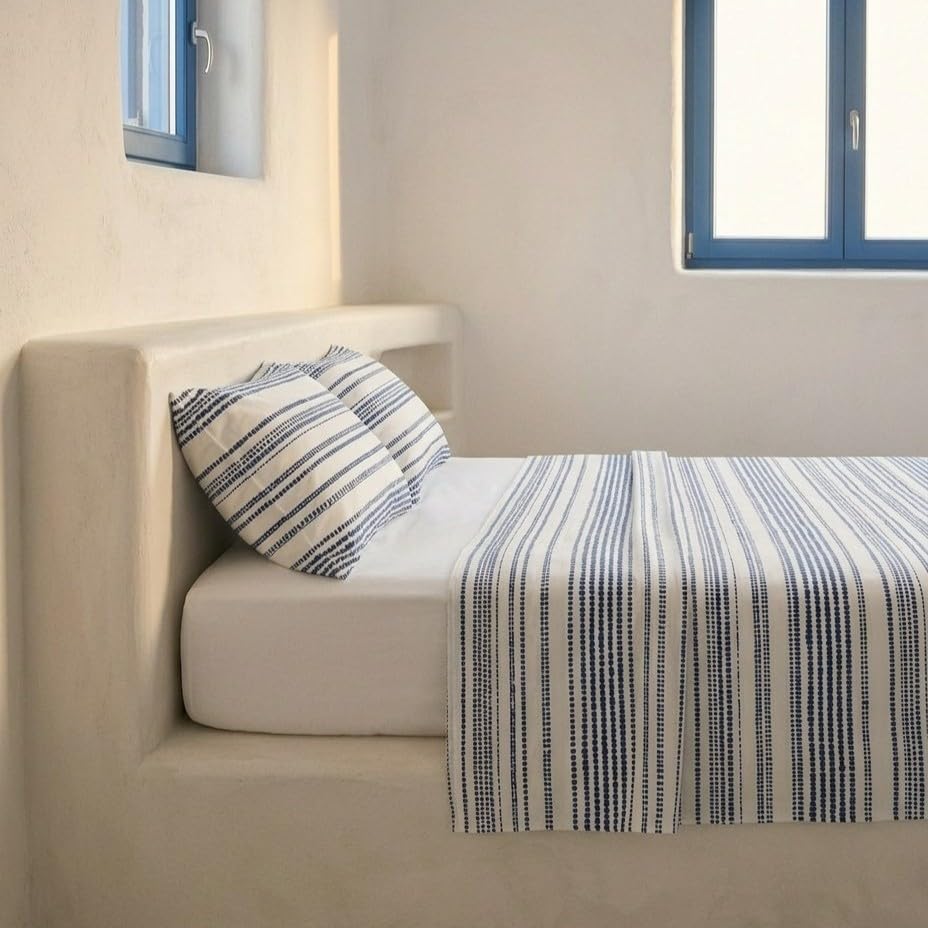 Juego sabanas 100% algodón, Rayas Cama 135/140, con Fundas de Almohada, Azul.