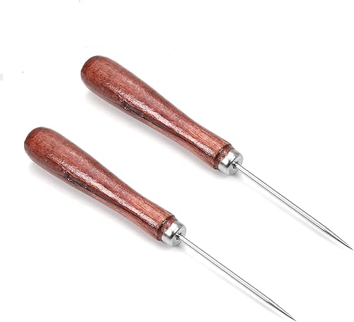 Miniatura 6 de Auniwaig Punzón de cuero para coser con mango de madera, perforador, costura, costura, rasguño, mango largo, herramienta sólida para artesanía de