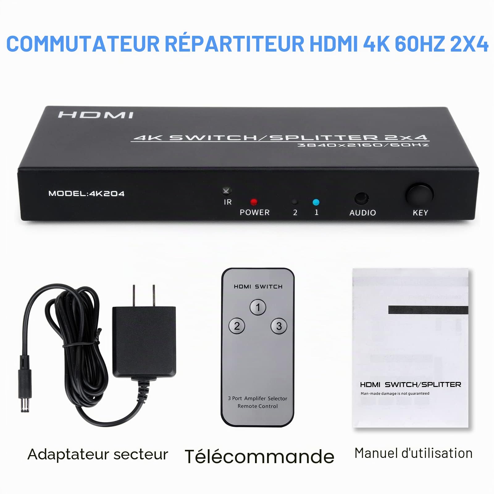 HDMI Switch Splitter 2 in 4 Out, Commutateur HDMI Répartiteur avec Télécommande & SPDIF Audio Out, Prend en Charge 4K@60Hz HDCP2.2 HDR, pour Monitor PC PS4 TV Laptop Xbox