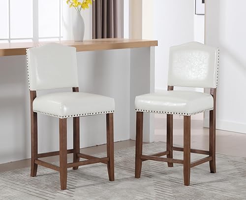 Shunzhi Juego de 2 taburetes de bar de altura de mostrador de mediados de siglo con respaldo tapizado, sillas de bar de madera de cuero sintético,