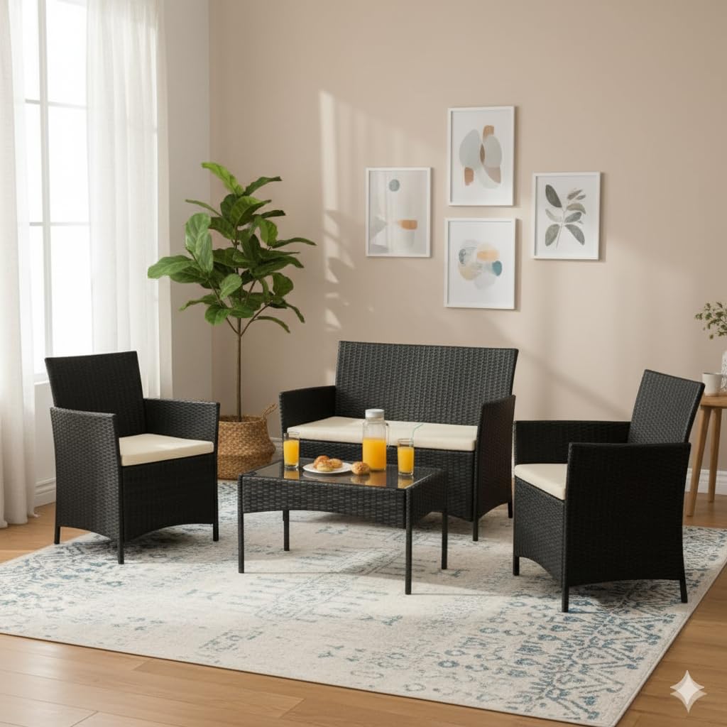 Garden Lounge Set 4 Piece with Cushions Patio Outdoor Lawn Yard Terrace Balcony Seat Seating Sitting Chair Furniture Poly Rattan Brown (DS-ODS-02)