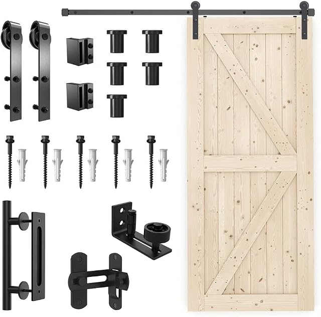 WINSOON 36in x 84in Sliding Barn Door with 6.6ft Barn Door Hardware Kit & Handle, Floor Guide, Door Latch Included, DIY Unfinished Solid Spruce Wood,Pre-Drilled, J Shape Black