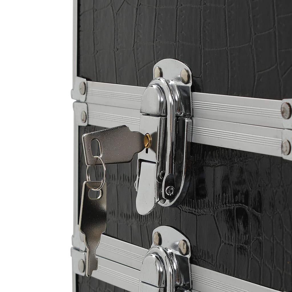 Walizka na kosmetyki aluminiowa, czarna, z tłoczeniem krokodyla, 4 półki, wysuwane półki, 4 zdejmowane kółka, 37 x 22 x 78 cm, organizer na podróż, do hotelu, na kemping i do łazienki