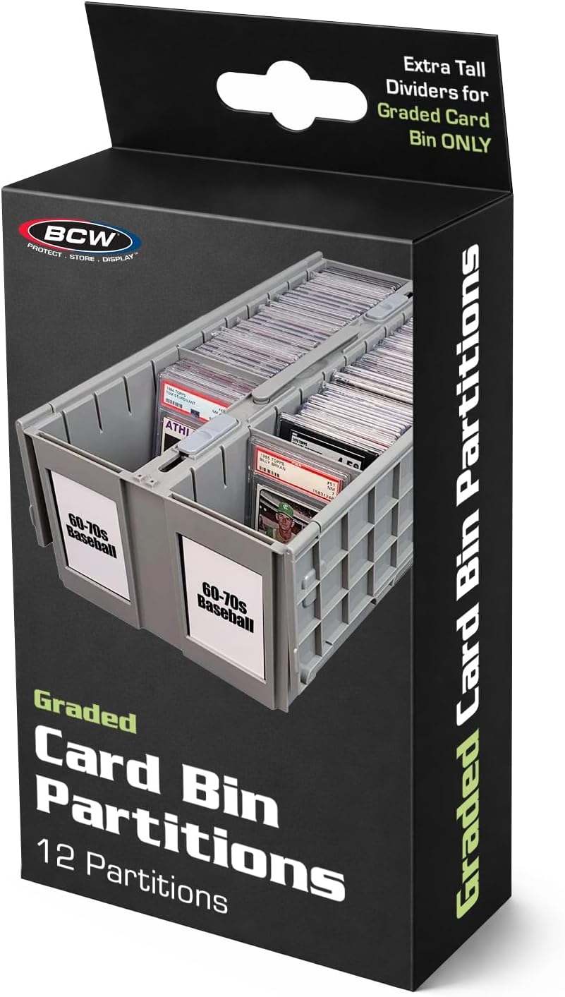 BCW Tall Graded Card Bin Partitions - Gray | Extra Tall Dividers Graded Card Bin Only | Supports and Organizes PSA, BGS, SGC, CSG Slabs | 12 Pack of Card Storage Dividers