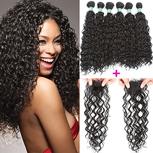 VRHOT 7pcs Set Jerry Curly Hair Bundles with Closure Synthetic Hair Extensions Wavy Braids Hair Weaves 6 Bundles with 1pc Top Closure (Jerry Curly (16" 18" 20" with 16" Closure), Jet Black)