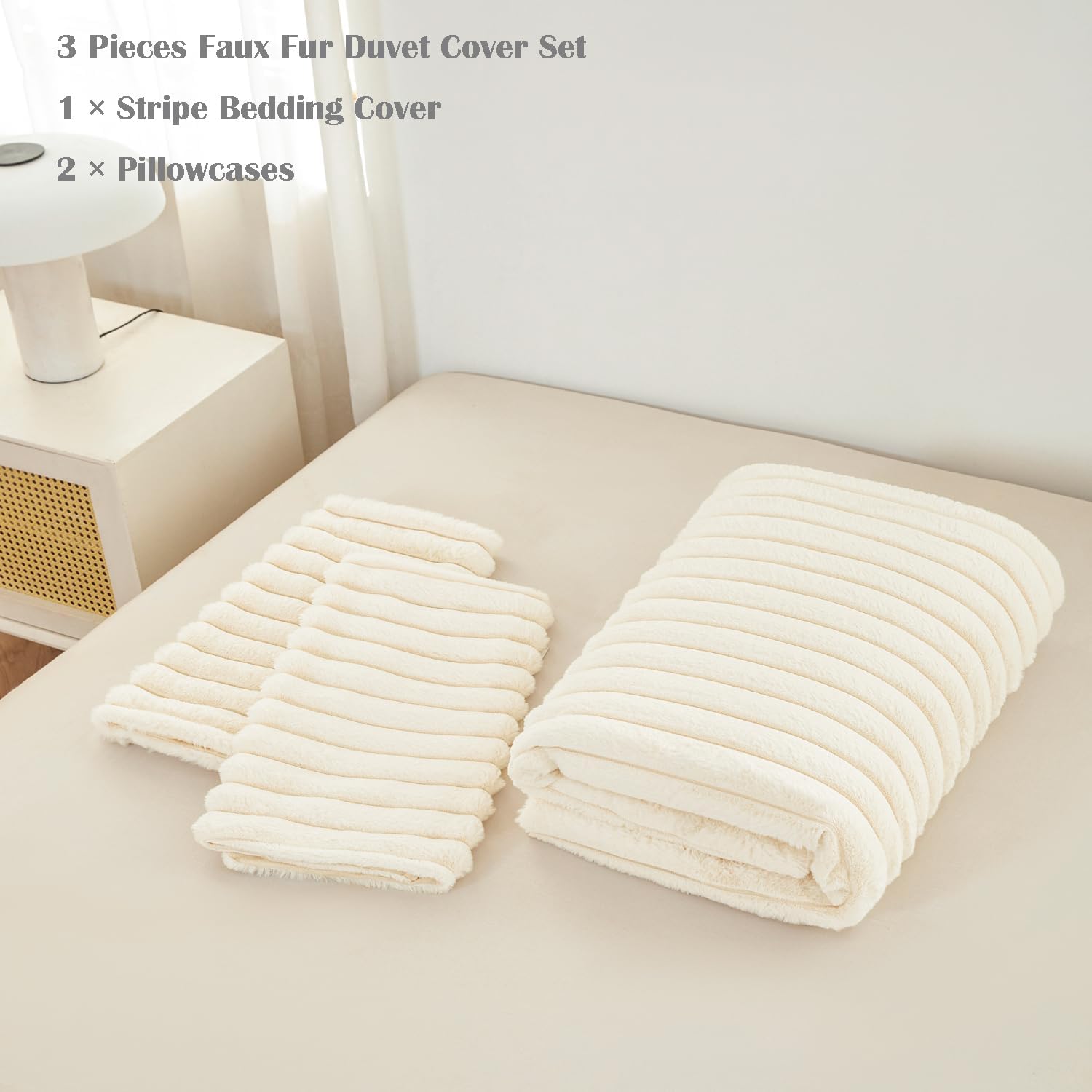 ANGIYUIN Cream Fluffy Girls Duvet Cover Set Twin Faux Fur Bed Cover Set