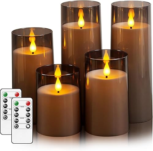 Velas grises sin llama con control remoto y temporizador, velas LED de llama 3D que funcionan con pilas para decoración del hogar de Navidad, juego