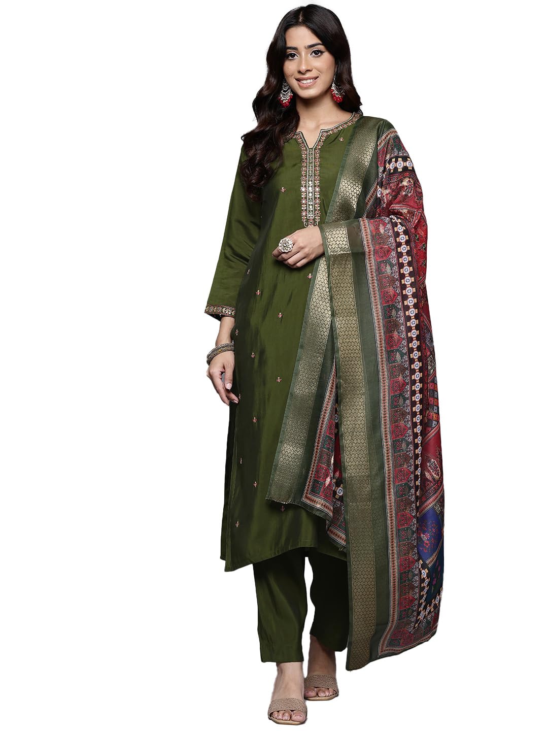 Varanga Women's Silk Blend Kurta Set (Vskd32685_Olive