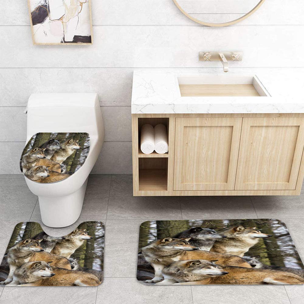 4 Pcs Shower Curtain Sets with Rugs, 3D Wolves Cool Animal Design Bathroom Sets, Waterproof Non-Slip Shower Curtain U-Shaped Rug Bath Mat Toilet Lid Cover and 12 Hooks