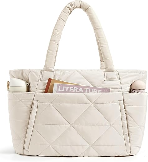 BAGSMART Tote Bag for Women, Puffy Tote Bag with Zipper, Large Quilted Shoulder Bag with Compartments for Travel, Work, Gym