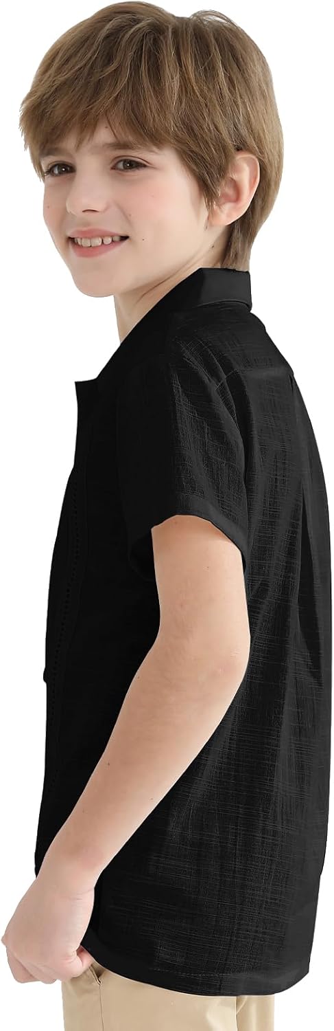 OEBLD Boys Cuban Guayabera Shirt Short Sleeve Button Down Shirts V Neck Cotton Linen Shirts - Image 4