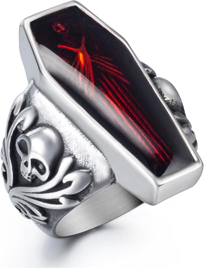 Skull Rings for Men Stainless Steel Gothic Vampire Bloody Red Enamel Coffin Bike Jewelry Size 8-14