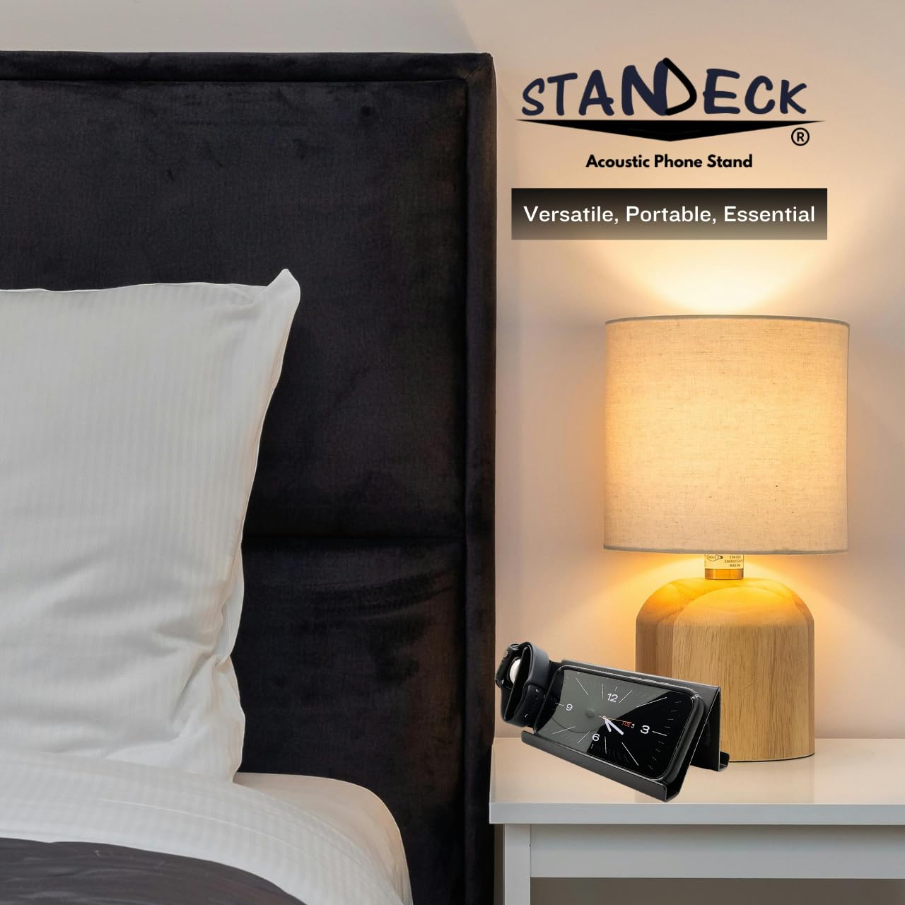 Mobile Tech - Soporte giratorio para teléfono con sonido y soporte para reloj, para ver tu teléfono y tableta y conectar tus dispositivos móviles (soporte de plástico negro)