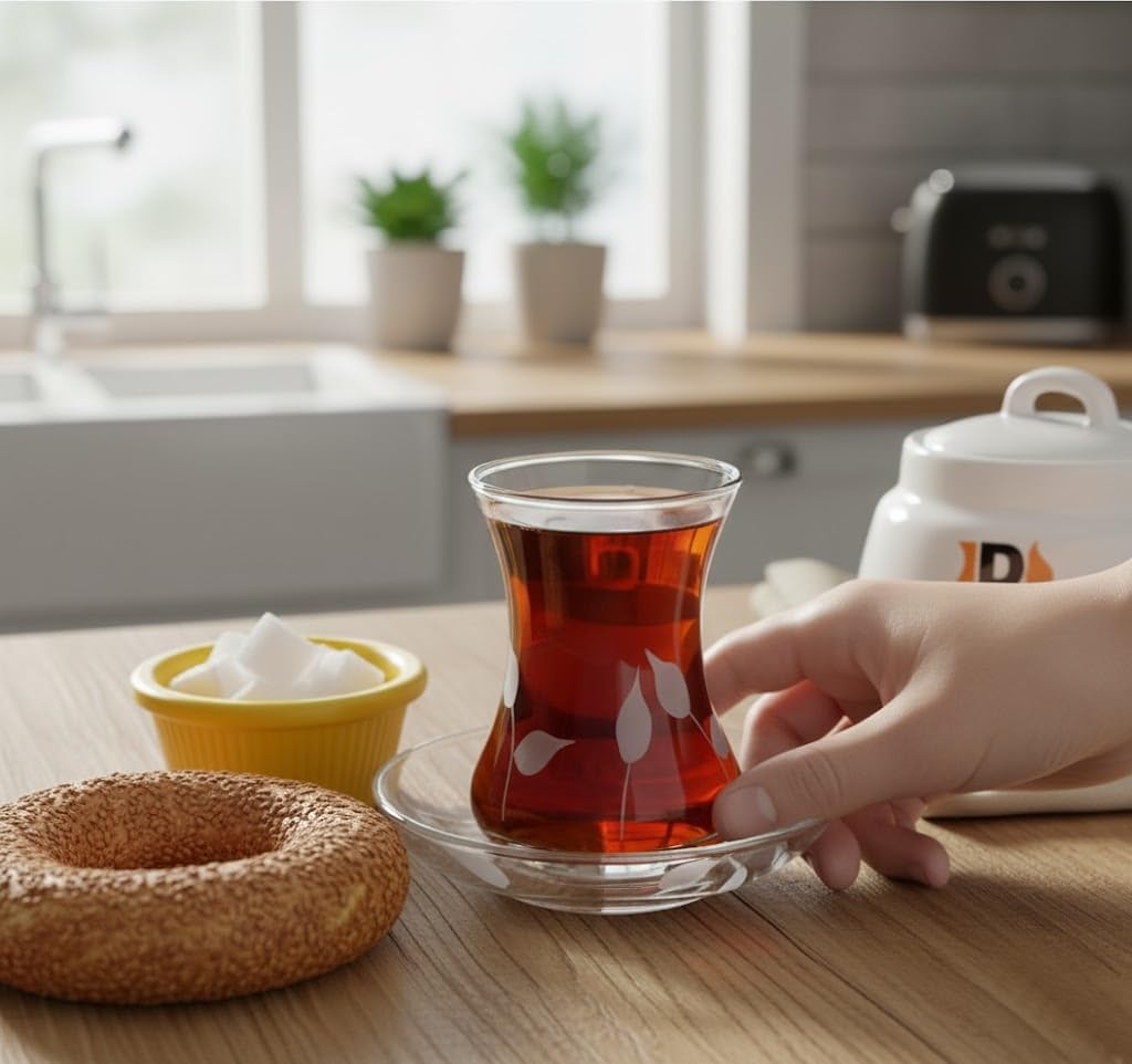 Leaf Decor Tea Cup and Saucer Set, 4.2oz 125 ml, Glass, Transparent, Home and Party Glassware, Handmade, Perfect for Tea Party, Gift, Housewarming, Wedding (6 Persons) By paşabahçe Turkish tea sets