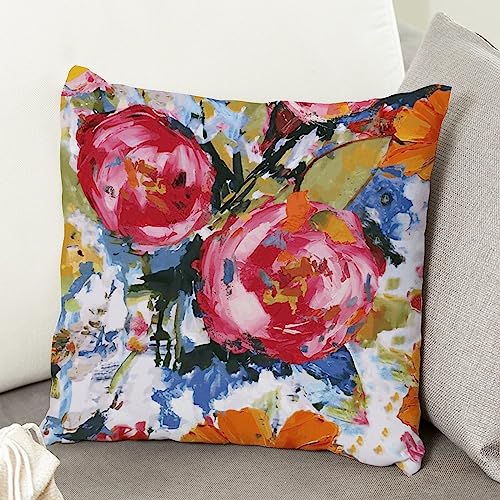 Aroggeld, Bright Floral Cushion Cover Pink Rose Pillow Cover Dorm Decor Colourful Pillow Farmhouse Home Decorative Pillows For Sofa Couch Living Room Housewarming Gift White Flax 18Inch #TOP4