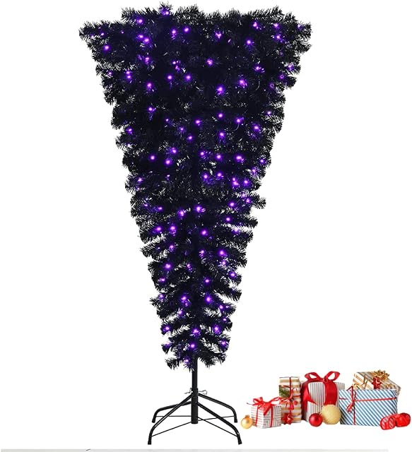 GYMAX 5FT Black Pre-Lit Christmas Tree, Upside Down Xmas Artificial Tree with Foldable Metal Stand, Halloween Traditional Decoration for Living Room, Doorway and Shop