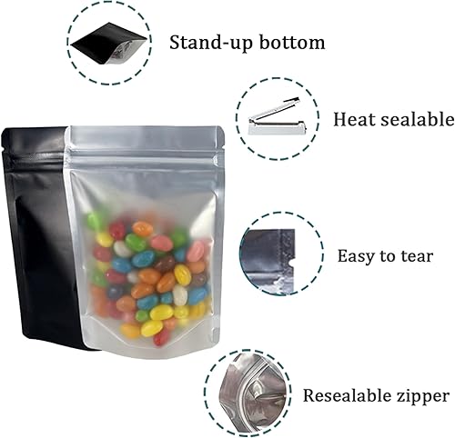 Miniatura 6 de PABCK Bolsa resellable de Mylar negra, bolsas autosellables para almacenamiento de alimentos, dulces y café, bolsa de plástico sellable de aluminio