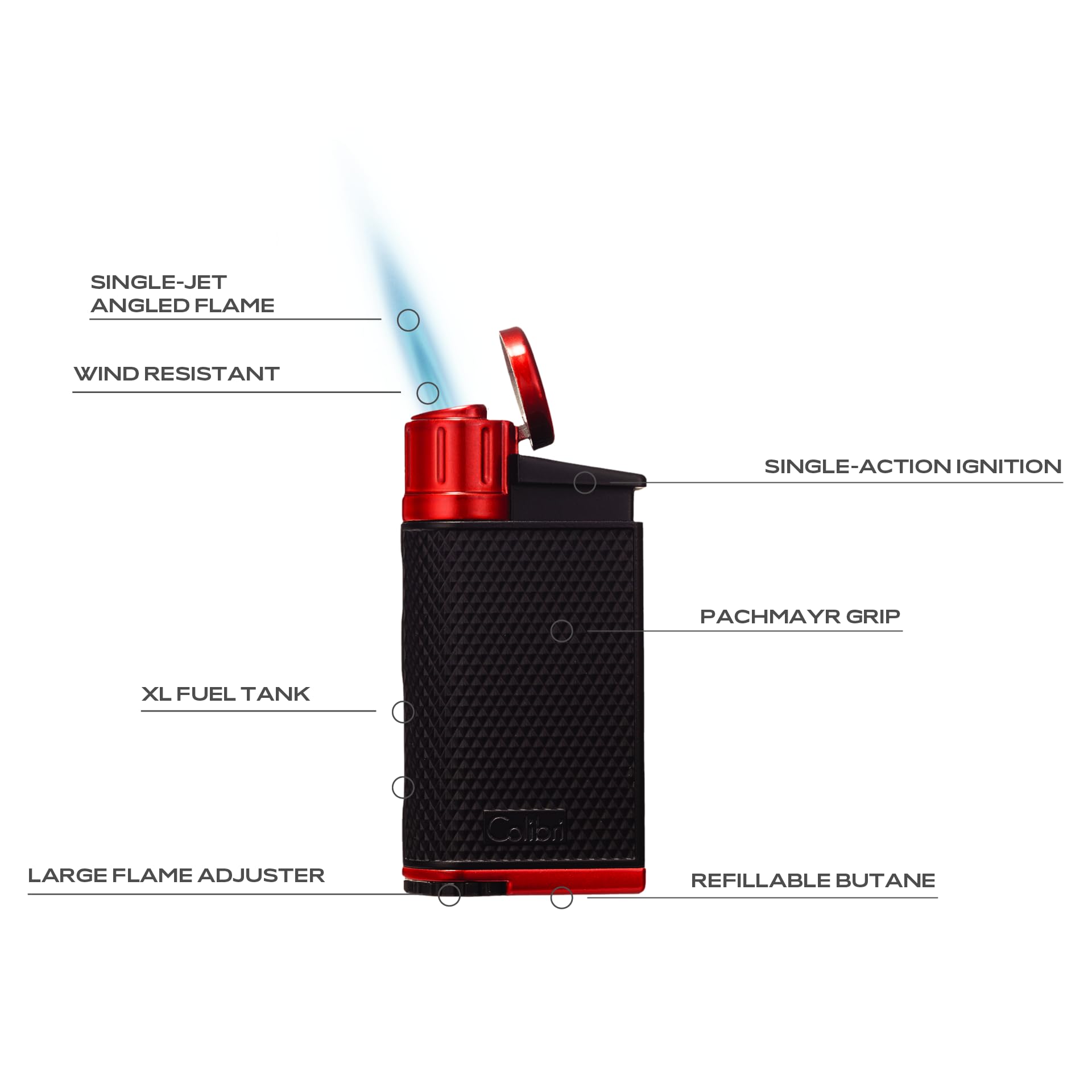 Colibri EVO Accendino angolare a getto singolo a butano, antivento e ricaricabile, facile da usare, con impugnatura Pachmayr, finestra blu carburante e fiamma regolabile, design elegante (argento)