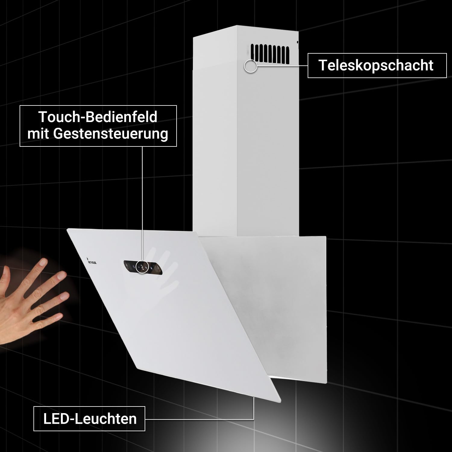 KKT KOLBE Okap kuchenny 60 cm A+++ | obieg powietrza wylotowego | osłona ścienna bez głowy | biały | metal | oświetlenie LED | sterowanie gestami | SensorTouch | filtr z węglem aktywnym | BASE6002W